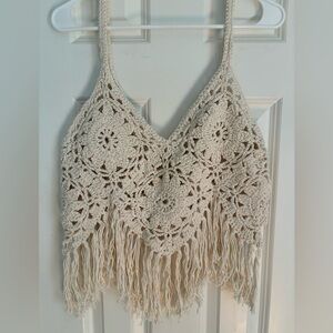 Boho ecru cotton halter with fringe. Size M/L. Handmade.